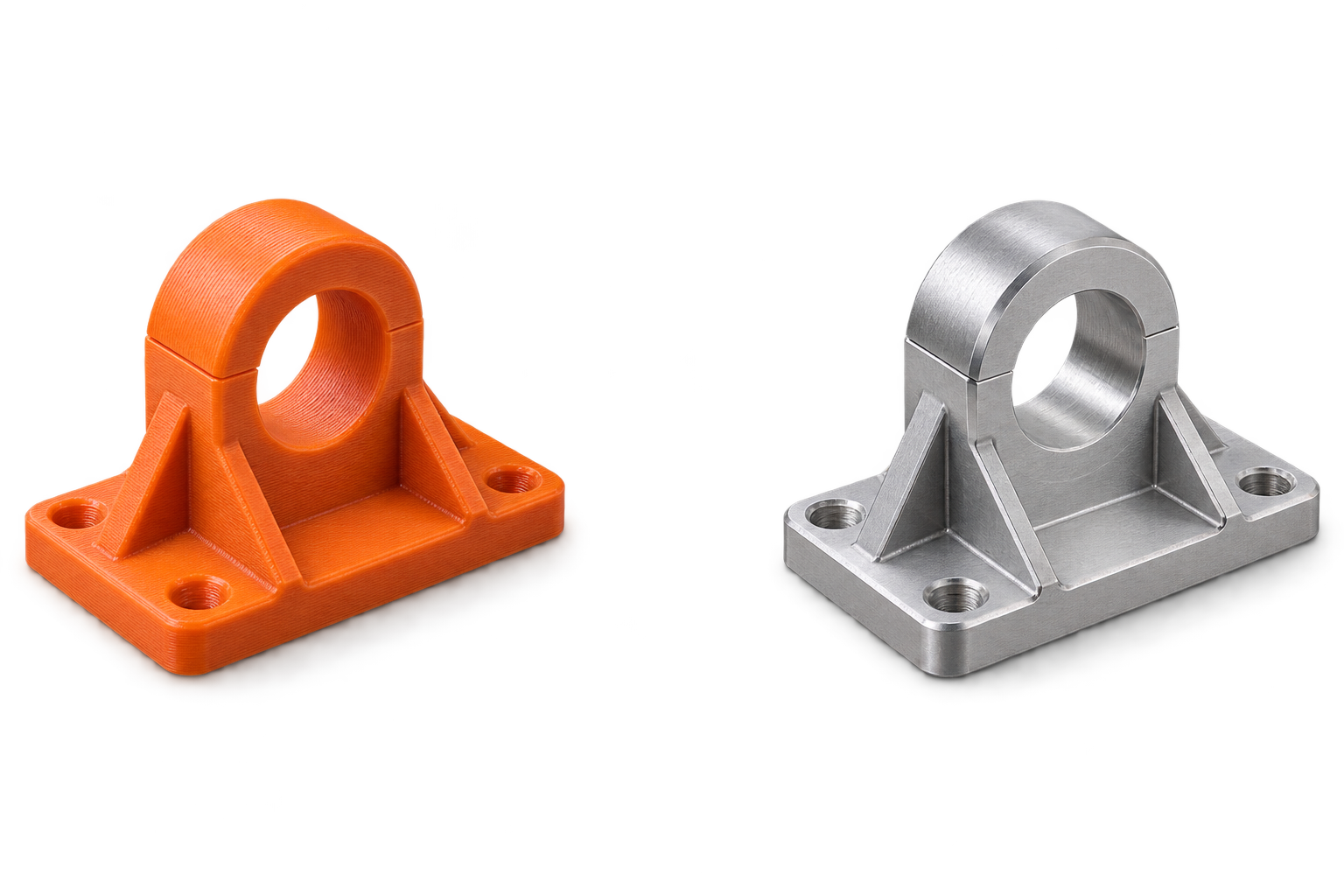 The same split bearing bracket shown as an orange plastic 3D print on the left and a clean metal part on the right